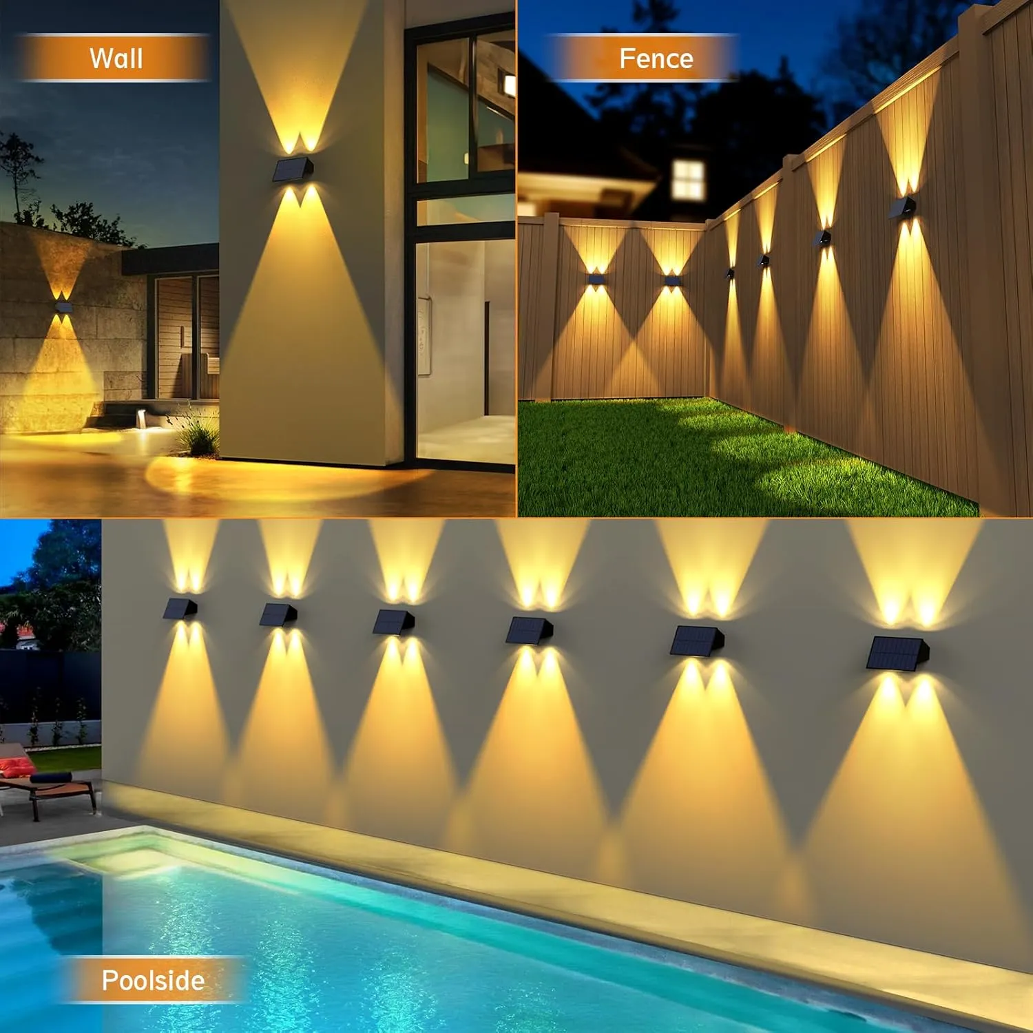 Solar Fence Lights,6Pack Solar Lights Outdoor Warm White   RGB Up & Down Waterproof 100 Lumens Dusk to Dawn for Wall/Backyard/Pool/Railing/Patio/Porch/Step