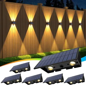 Solar Fence Lights,6Pack Solar Lights Outdoor Warm White   RGB Up & Down Waterproof 100 Lumens Dusk to Dawn for Wall/Backyard/Pool/Railing/Patio/Porch/Step