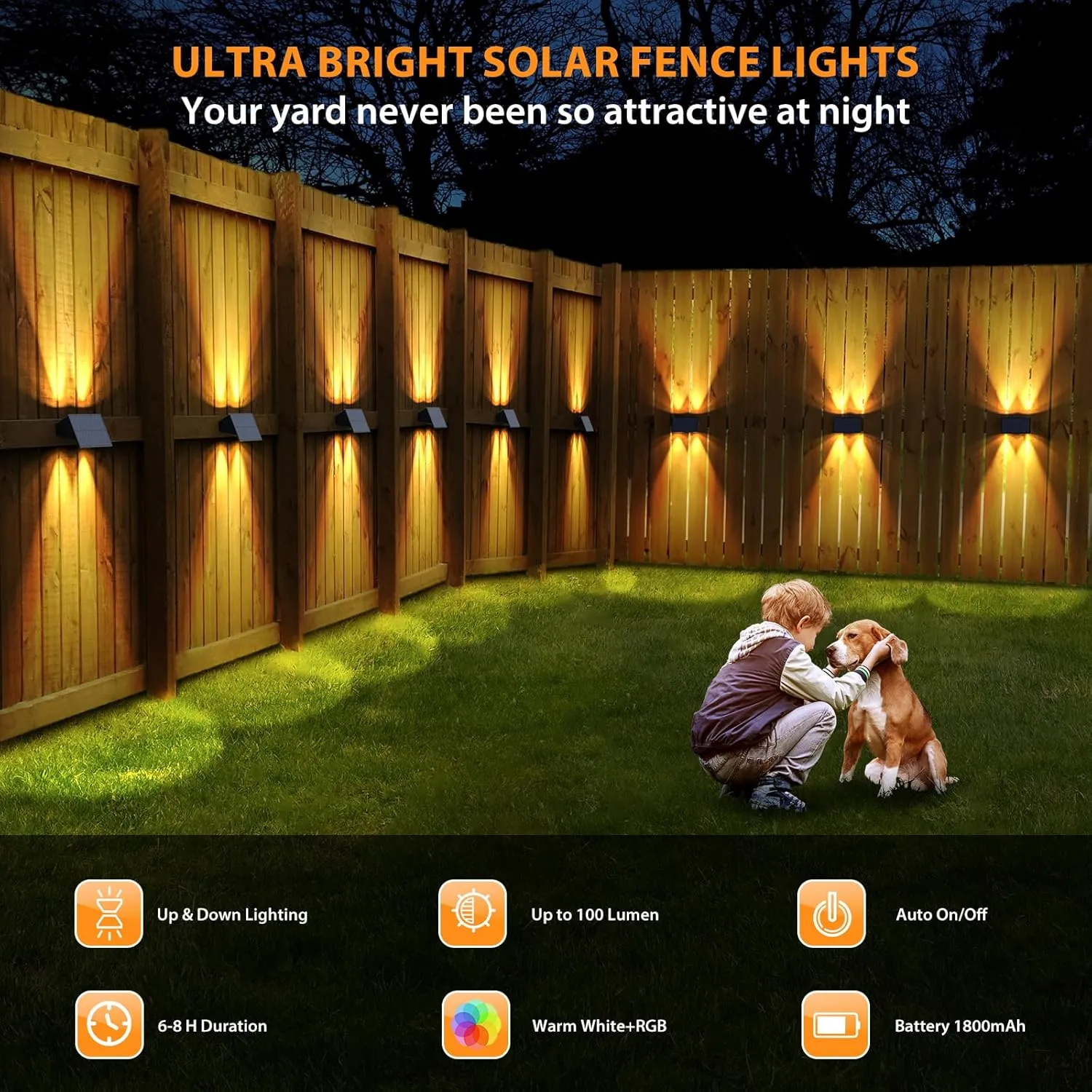 Solar Fence Lights,6Pack Solar Lights Outdoor Warm White   RGB Up & Down Waterproof 100 Lumens Dusk to Dawn for Wall/Backyard/Pool/Railing/Patio/Porch/Step