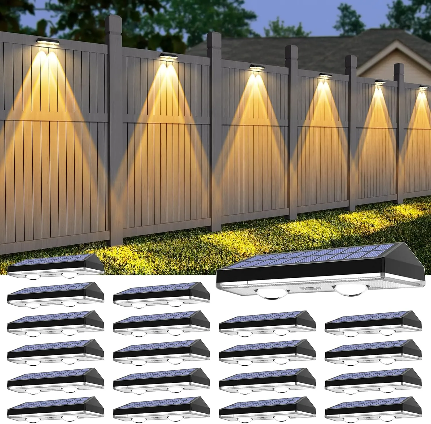 Solar Fence Lights,Warm White & Cold White & Mixed Color 3 Modes Lens LED Dusk to Dawn Deck Light Outdoor Waterproof,Solar Outdoor Lights for Backyard/Railing/Wall Set of 20