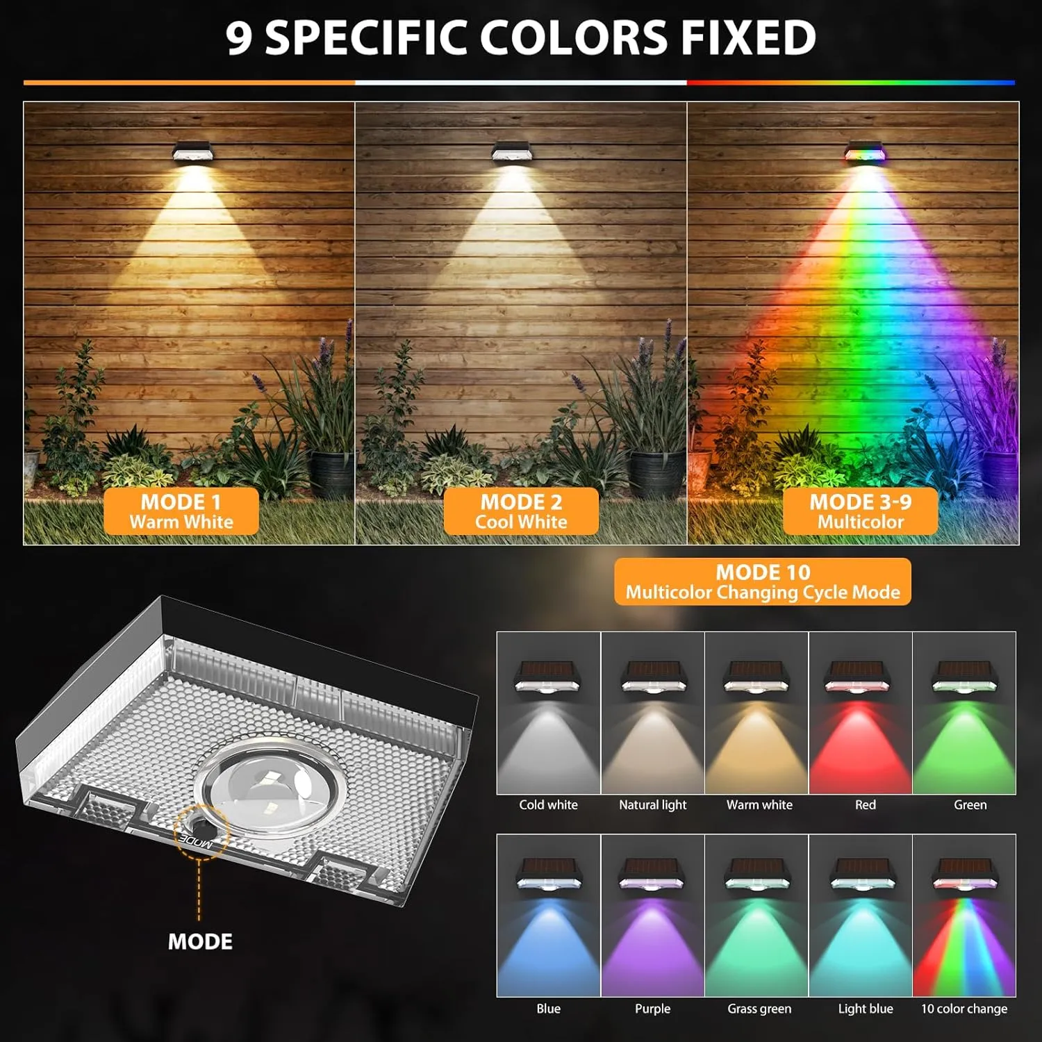 Solar Fence Lights,Warm White & Cool White & RGB 7Colors ＆ Color Changing Mode IP65 Waterproof Solar Lights Outdoor, Solar Deck Lights for Outside/Patio/Backyard/Wall/Pool /Fence/Railing/ Step(8Pack)