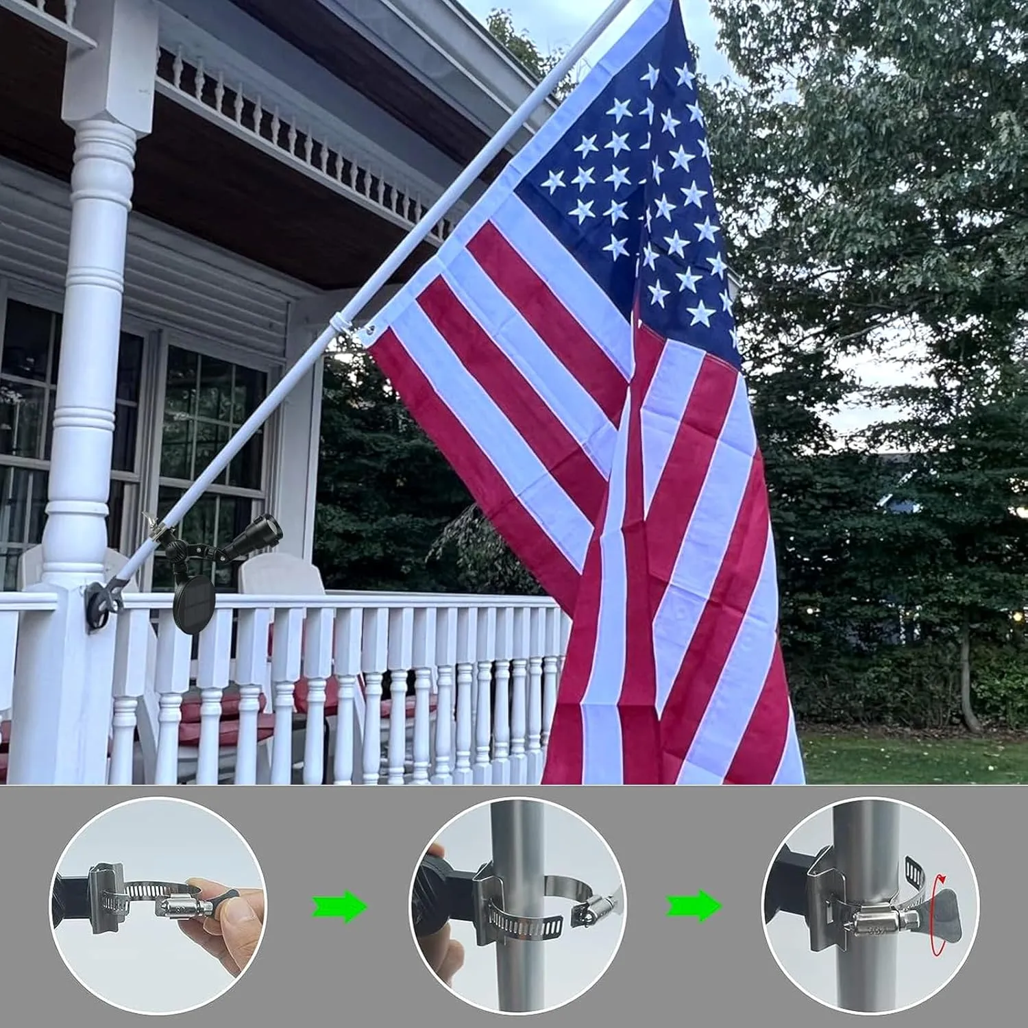 Solar Flag Pole Light, Flagpole Light Solar Powered, Super Bright PC Crystal LED Spotlight, Adjustable Bracket & Metal Clamp Fits 1-1.5" Flagpole, Up to 8-12 Hrs, Black