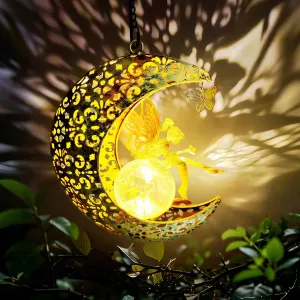 Solar Garden Fairy Statues Decor Hanging Lights,Outdoor Moon Decorations Metal Yard Art ，Housewarming for Patio, Wall, Fences，Trail,Great Gift Idea for Gardening Mom and Grandma