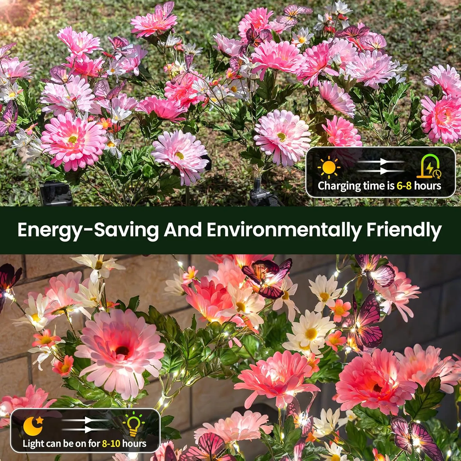 Solar Garden Light 4 Packs, 120 LEDs Outdoor Solar Lighting with Daisy and Butterfly, Waterproof Outdoor Garden Light for Patio, Courtyard, Pathway Decoration (Pink)