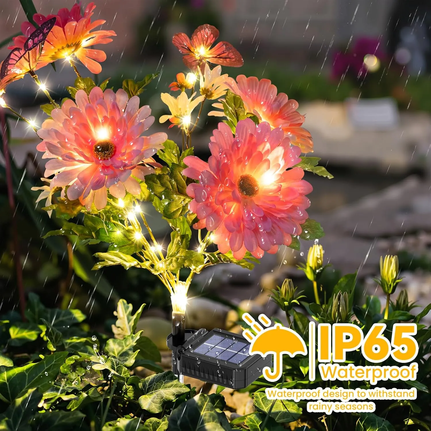 Solar Garden Light 4 Packs, 120 LEDs Outdoor Solar Lighting with Daisy and Butterfly, Waterproof Outdoor Garden Light for Patio, Courtyard, Pathway Decoration (Pink)