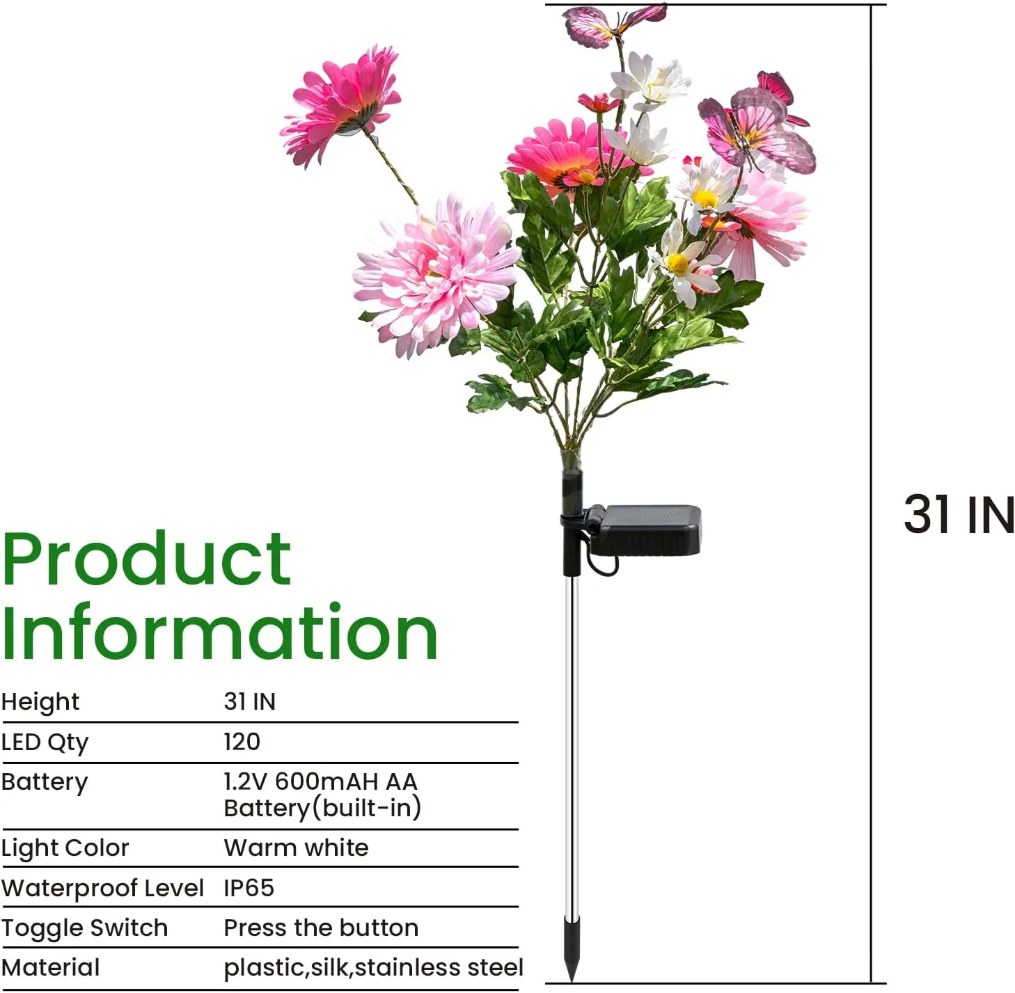 Solar Garden Light 4 Packs, 120 LEDs Outdoor Solar Lighting with Daisy and Butterfly, Waterproof Outdoor Garden Light for Patio, Courtyard, Pathway Decoration (Pink)