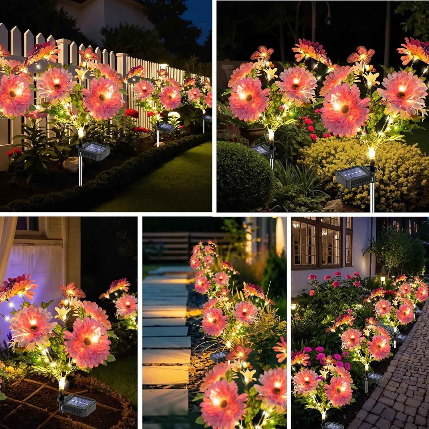 Solar Garden Light 4 Packs, 120 LEDs Outdoor Solar Lighting with Daisy and Butterfly, Waterproof Outdoor Garden Light for Patio, Courtyard, Pathway Decoration (Pink)