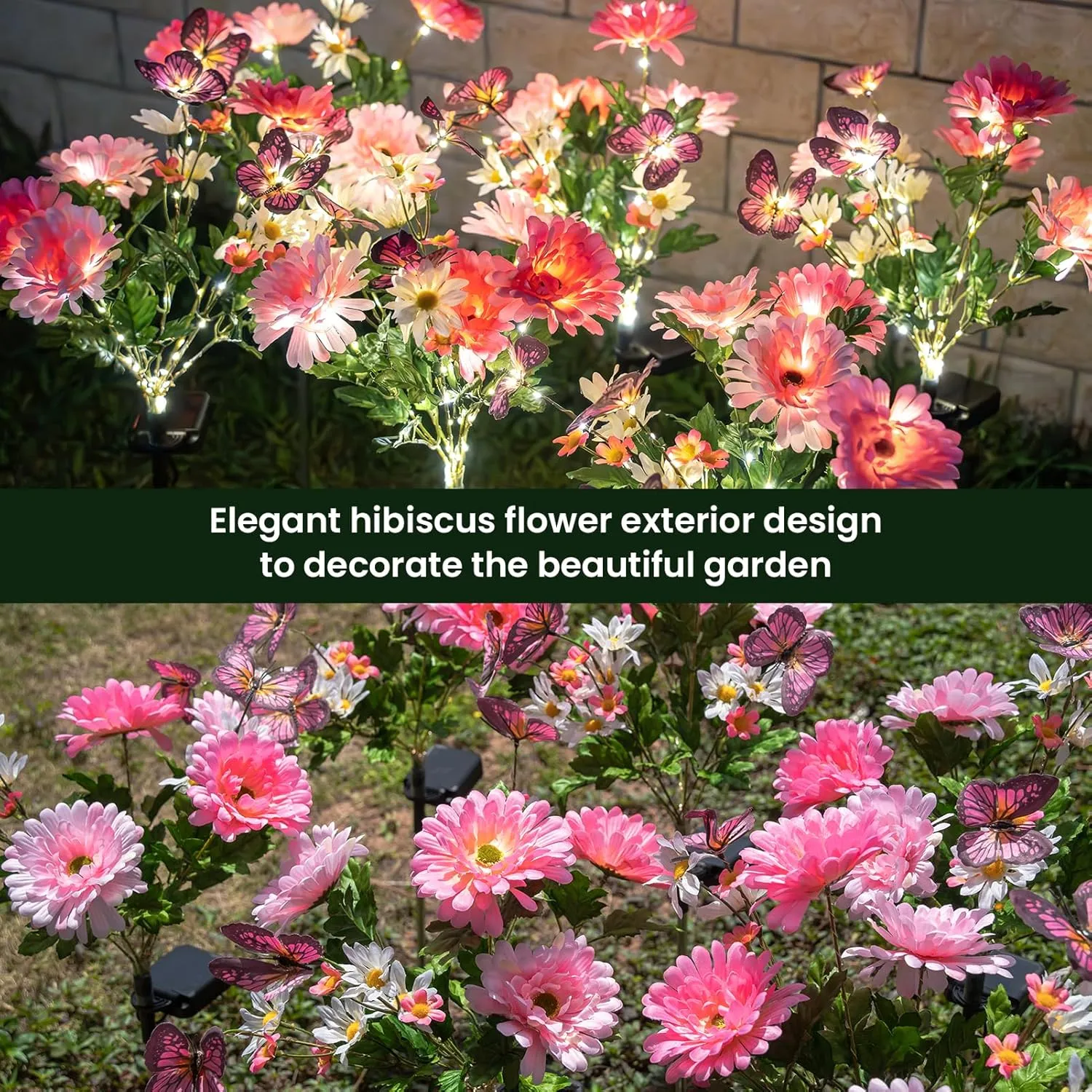 Solar Garden Light 4 Packs, 120 LEDs Outdoor Solar Lighting with Daisy and Butterfly, Waterproof Outdoor Garden Light for Patio, Courtyard, Pathway Decoration (Pink)