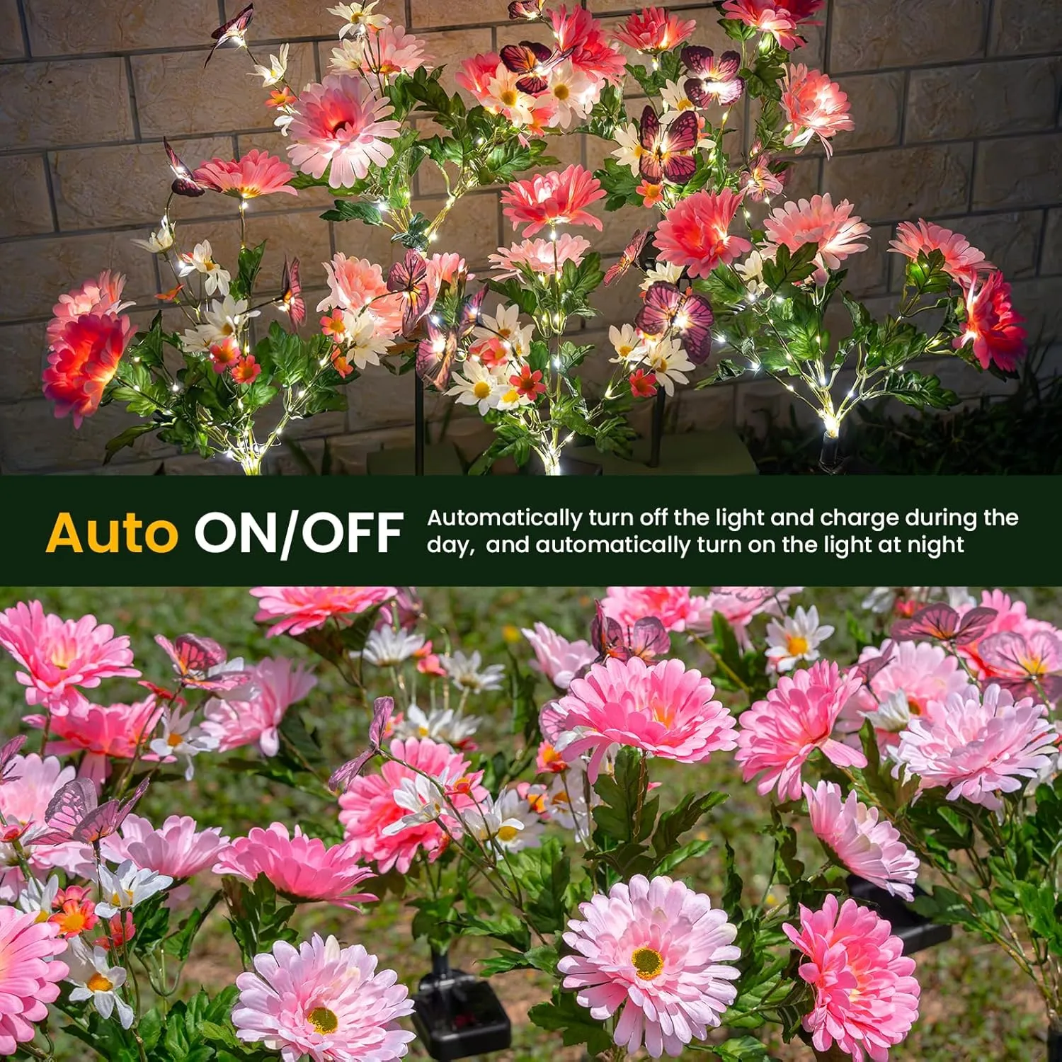 Solar Garden Light 4 Packs, 120 LEDs Outdoor Solar Lighting with Daisy and Butterfly, Waterproof Outdoor Garden Light for Patio, Courtyard, Pathway Decoration (Pink)