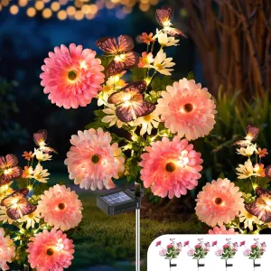 Solar Garden Light 4 Packs, 120 LEDs Outdoor Solar Lighting with Daisy and Butterfly, Waterproof Outdoor Garden Light for Patio, Courtyard, Pathway Decoration (Pink)