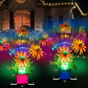 Solar Garden Potted Flower Lights Solar Lights Outdoor Waterproof Two Solar Panels 7-Color Changing Optical Fiber for Balcony Patio Yard Outdoor Window Sill Garden Decor Gifts for Women