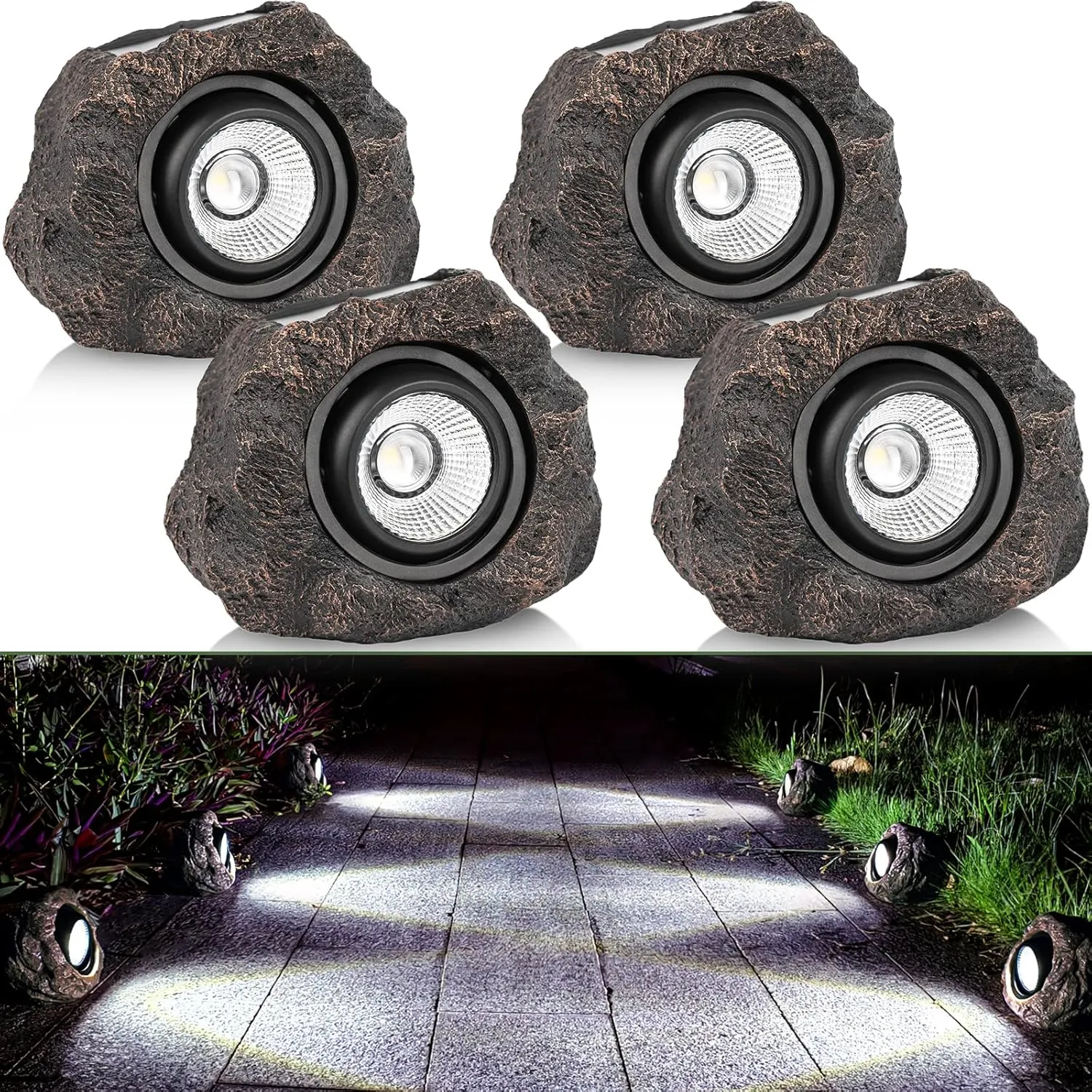 Solar Garden Rock Lights Outdoor - IP65 LED Waterproof Solar Spotlight, Solar Powered Landscape Path Decorative Garden Stone Lights for Pathway, Walkway, Yard, Patio (4 Pack)