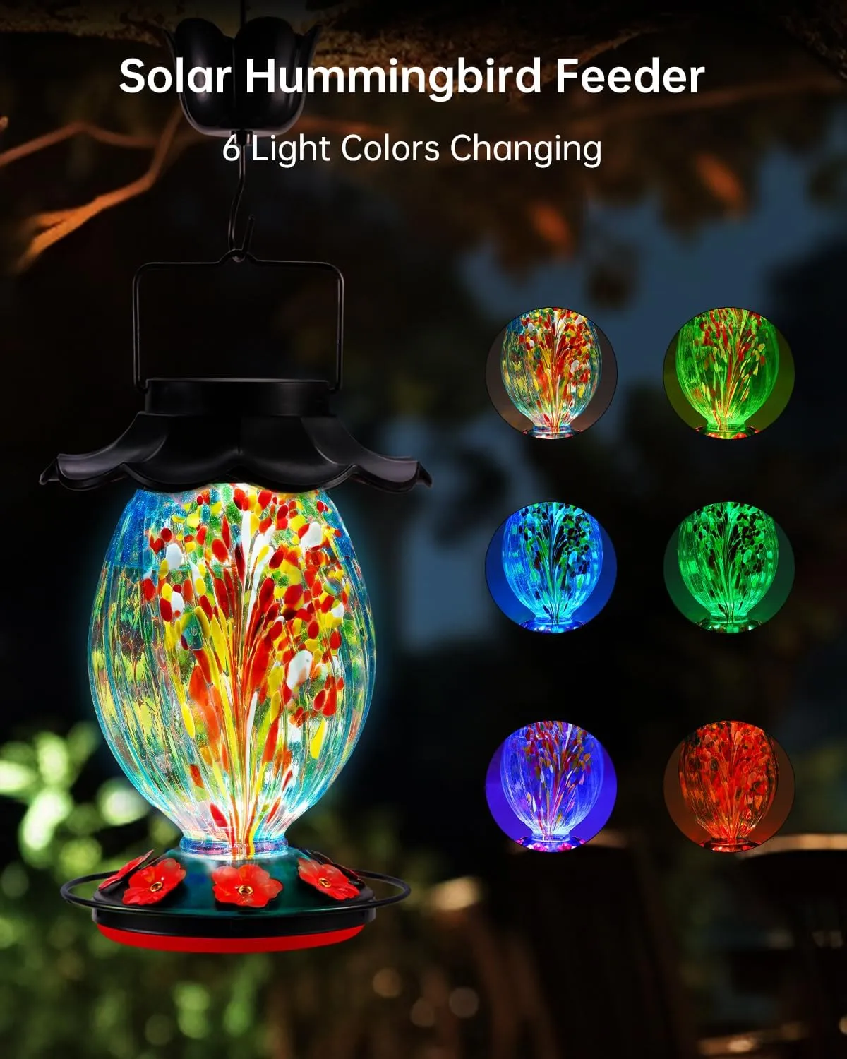 Solar Hummingbird Feeder - 49 fl.oz Hand Blown Glass Color Changing - 7 Feeding Ports with Perch - Never Leak - Perfect Hummingbird Feeder for Outdoors Hanging (Blue)