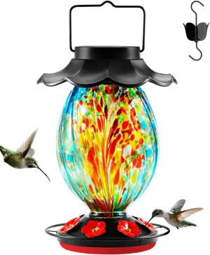 Solar Hummingbird Feeder - 49 fl.oz Hand Blown Glass Color Changing - 7 Feeding Ports with Perch - Never Leak - Perfect Hummingbird Feeder for Outdoors Hanging (Blue)