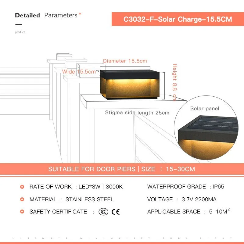 Solar LED Garden Light Outdoor Column Head Light Waterproof Street Light Fence Cap