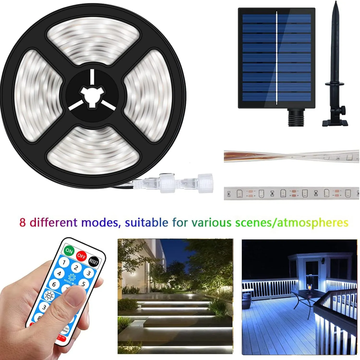 Solar LED Strip Lights Outdoor, 32.8ft 560 LEDs LED Strip IP66 Waterproof, Cool White LED Lights with Remote Solar Panel Control Box, 2835 SMD Rope Lights for Garden Trees Christmas Party Decor