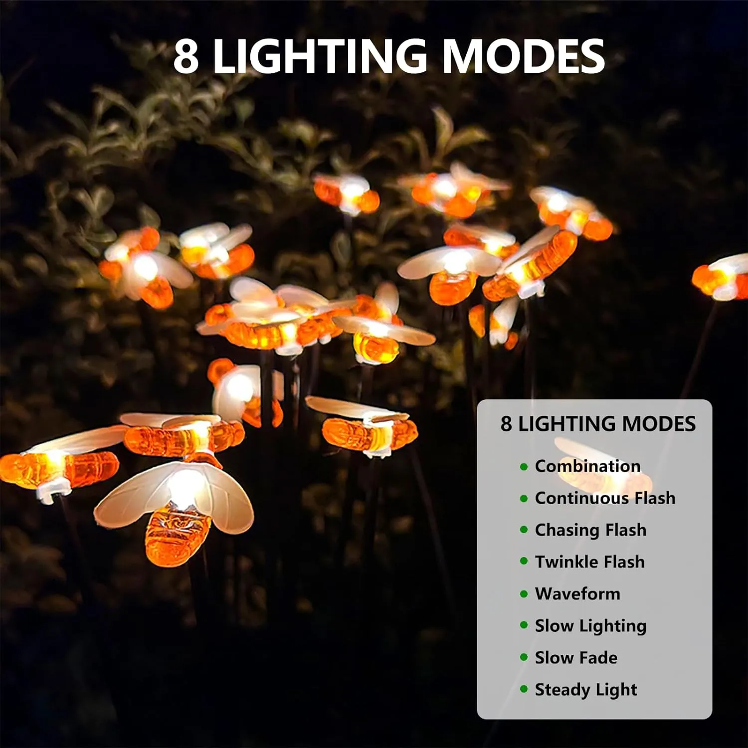 Solar Lights for Outside, [8 Flash Modes] Solar Garden Lights Outdoor Waterproof, Separate 1200mAh Solar Panel Daisy Chained to Swaying Bee Lighting, Perfect for Yard Pathway Patio - 2 Pack