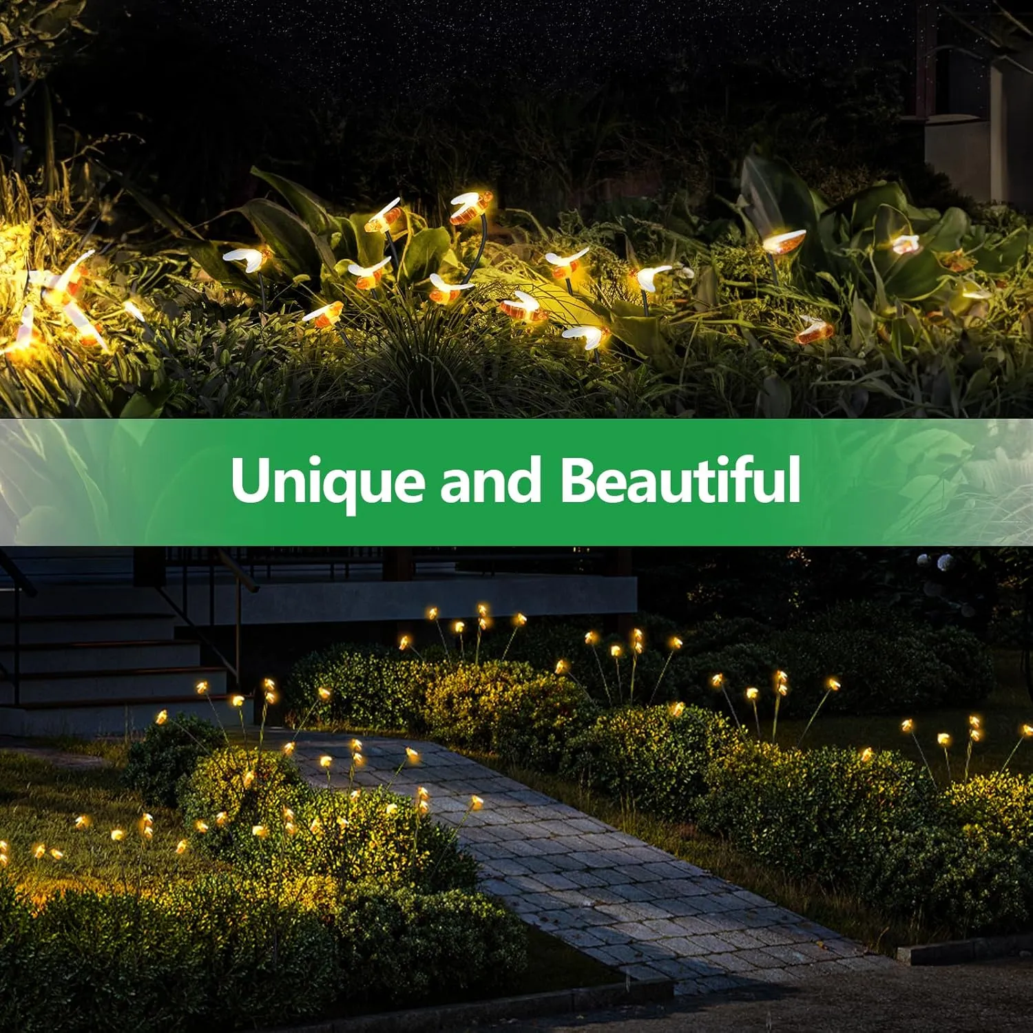 Solar Lights for Outside, [8 Flash Modes] Solar Garden Lights Outdoor Waterproof, Separate 1200mAh Solar Panel Daisy Chained to Swaying Bee Lighting, Perfect for Yard Pathway Patio - 2 Pack