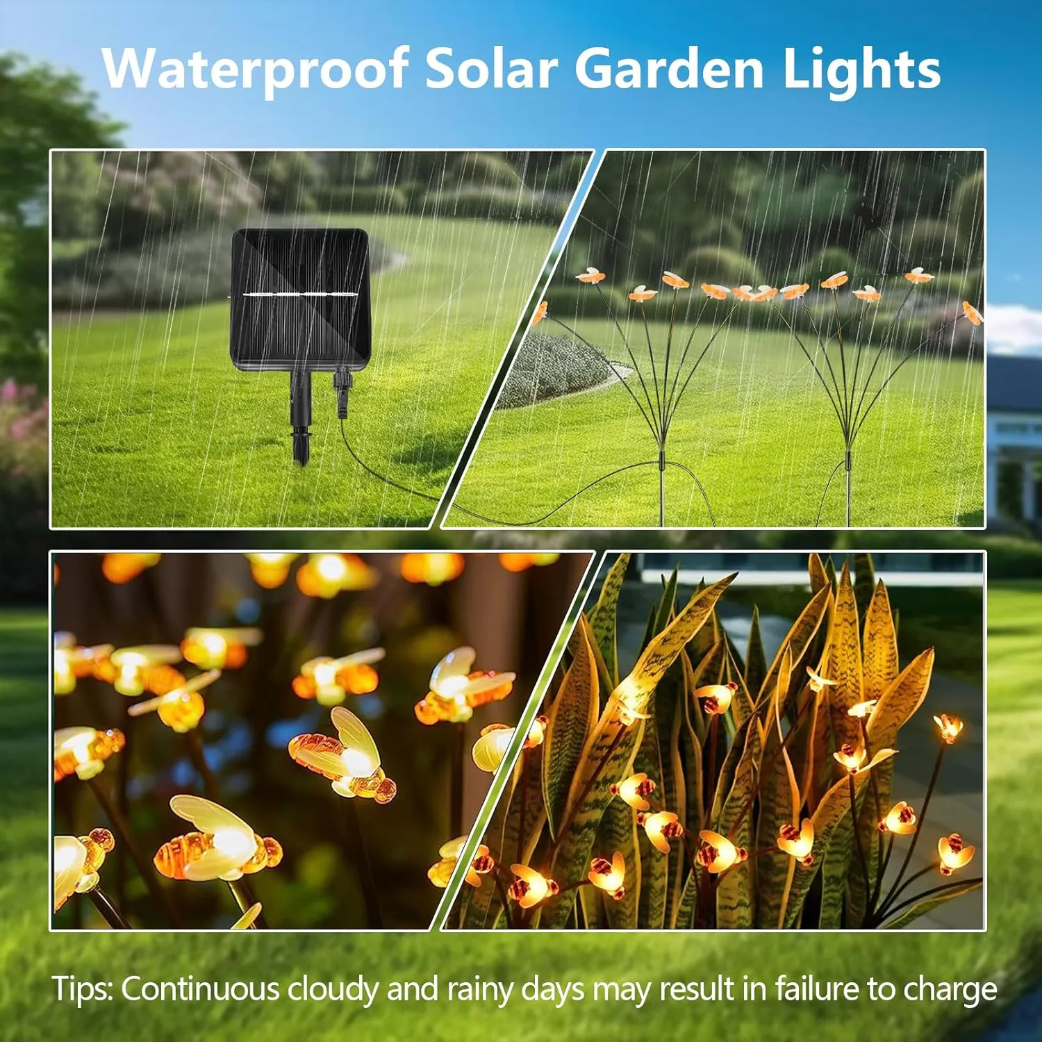 Solar Lights for Outside, [8 Flash Modes] Solar Garden Lights Outdoor Waterproof, Separate 1200mAh Solar Panel Daisy Chained to Swaying Bee Lighting, Perfect for Yard Pathway Patio - 2 Pack