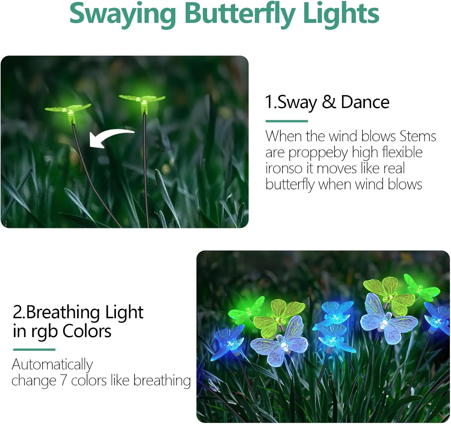 Solar Lights for Outside, RGB Breathing 12 Butterfly Solar Garden Lights - Outdoor Waterproof, Daisy Chained, Perfect for Yard Pathway Patio - 2 Pack