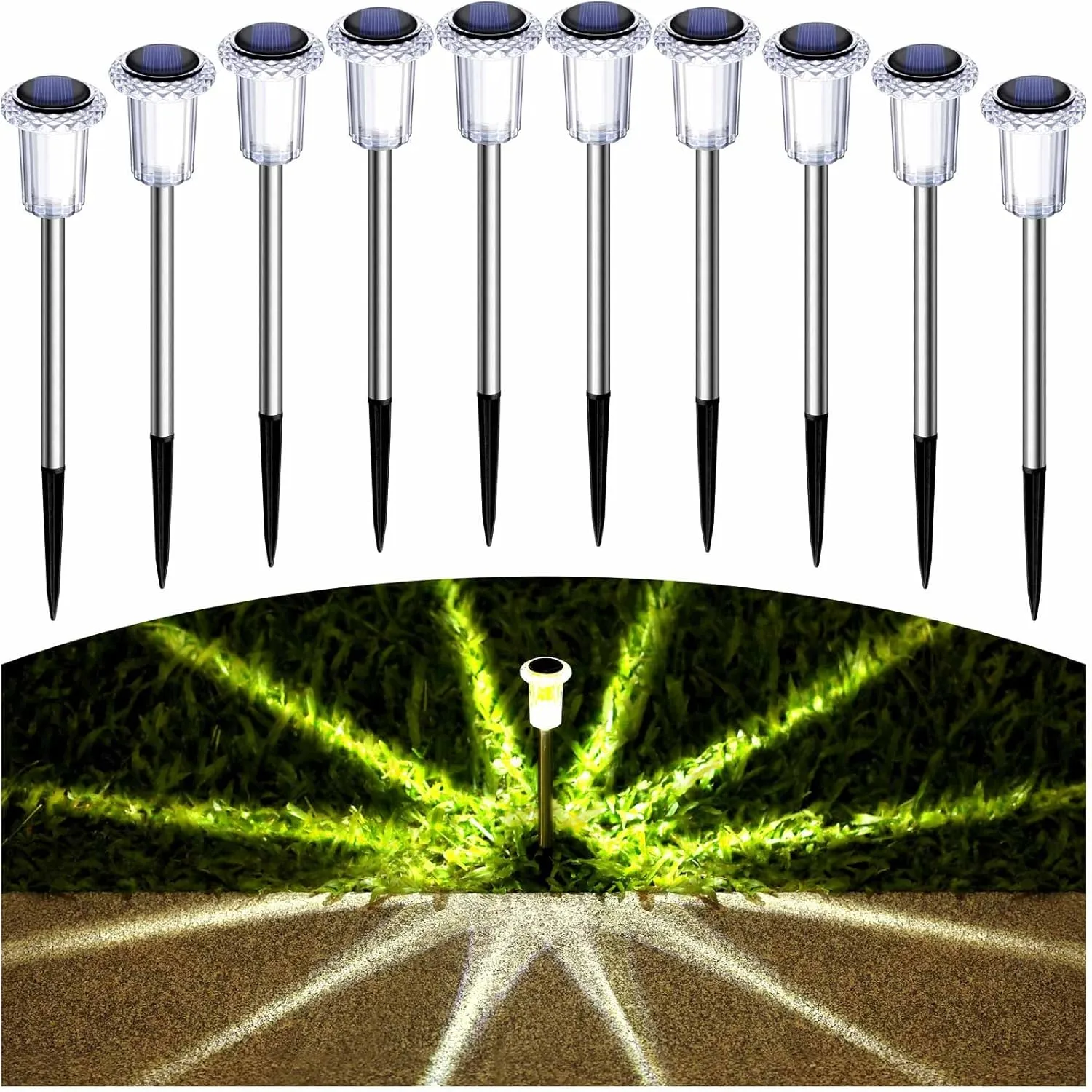 Solar Lights Outdoor 10 Pack Solar Pathway Lights Outdoor LED Waterproof Stainless Steel Driveway Lighting for Outdise, Yard, Walkway, Sidewalk, Garden, Lawn (Warm White)