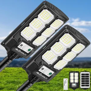 Solar Lights Outdoor 400W -6500K Solar Street Light, IP66 Waterproof Outdoor Flood Lights with Motion Sensor & Dusk to Dawn, led Solar Street Light Easy Installation, Pack of 2