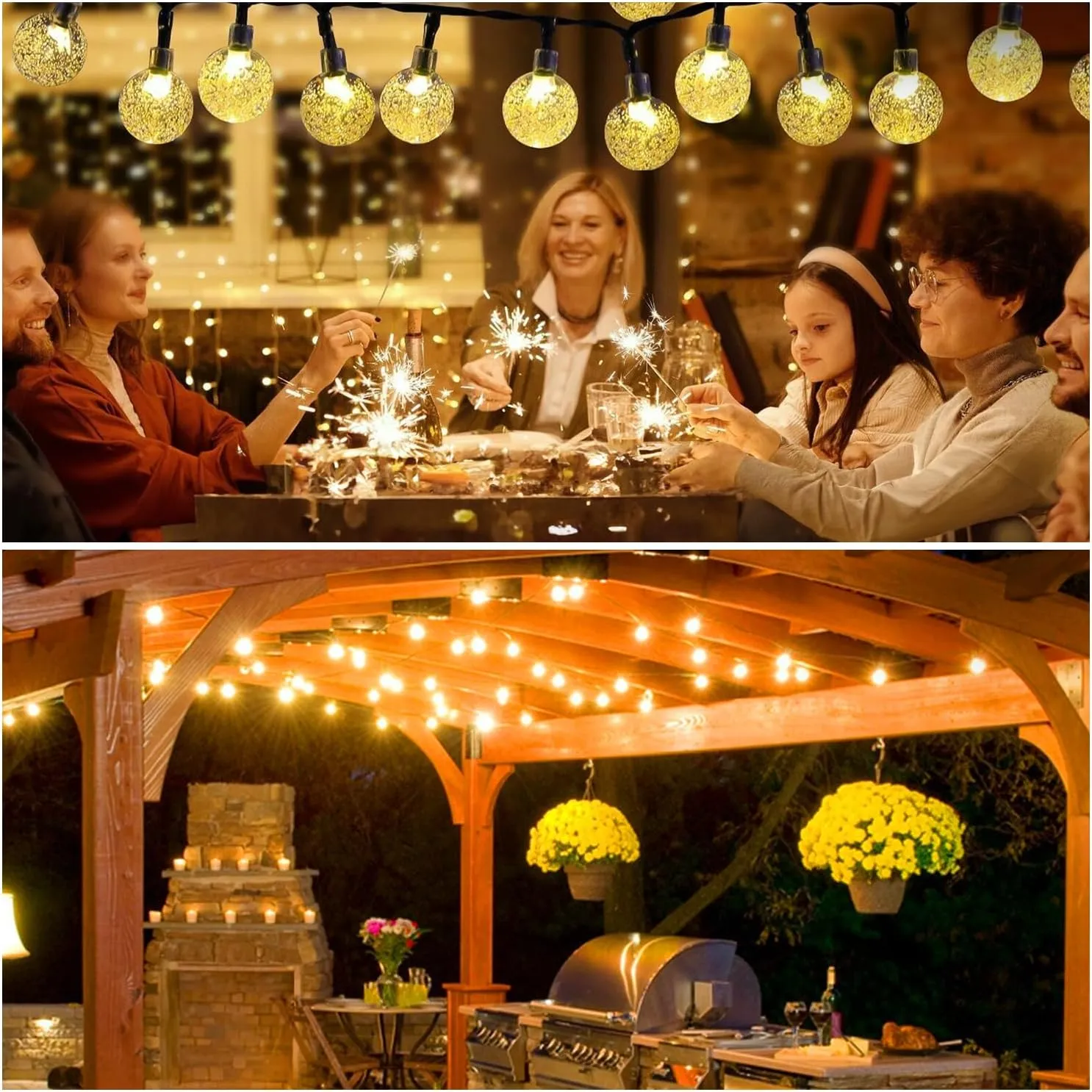 Solar Lights Outdoor Waterproof, 2 Pack Total 200LED 110FT Solar String Lights for Outside with 8 Modes, Outdoor String Lights Crystal Globe Patio Lights for Garden Yard Party Decor(Warm White)