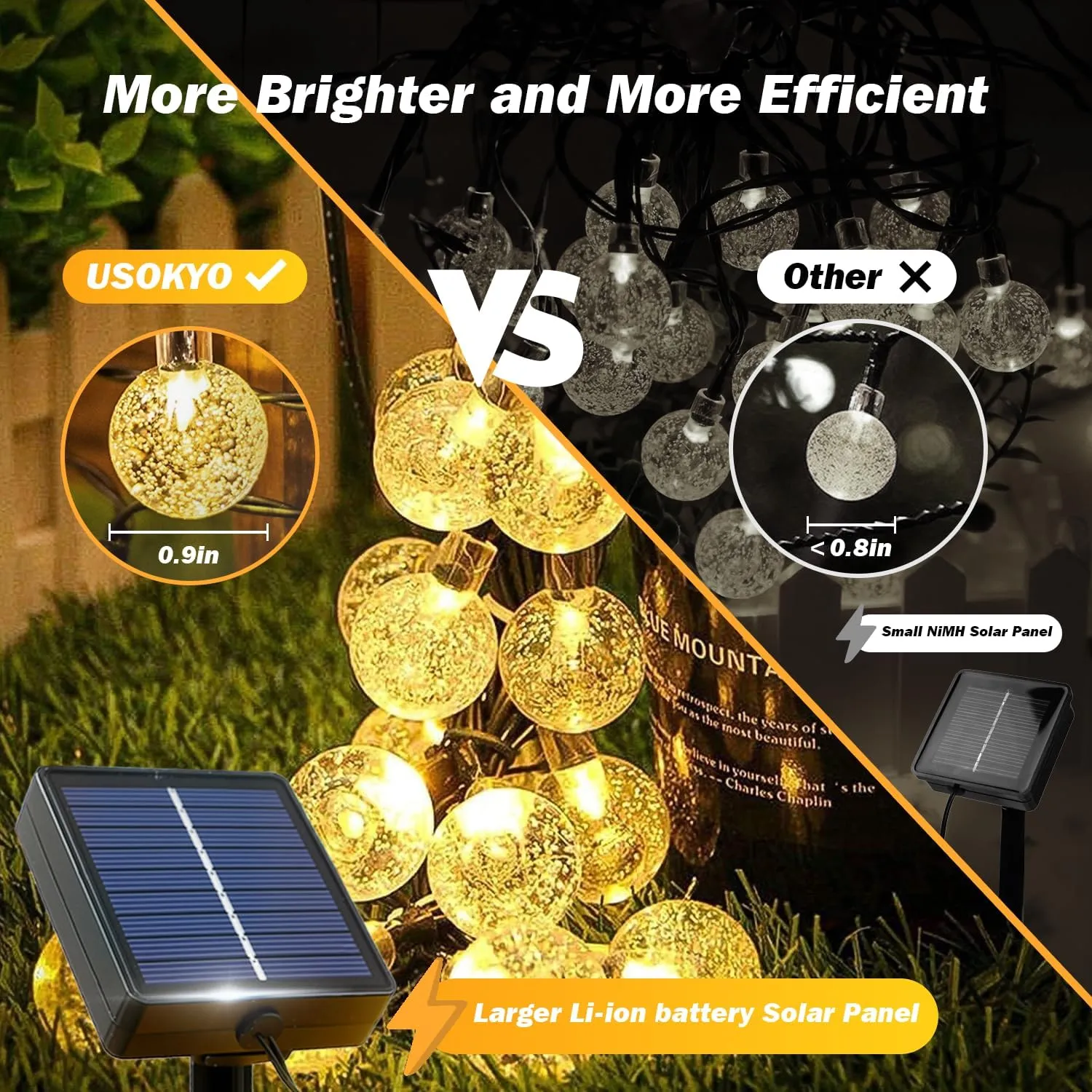 Solar Lights Outdoor Waterproof, 2 Pack Total 200LED 110FT Solar String Lights for Outside with 8 Modes, Outdoor String Lights Crystal Globe Patio Lights for Garden Yard Party Decor(Warm White)