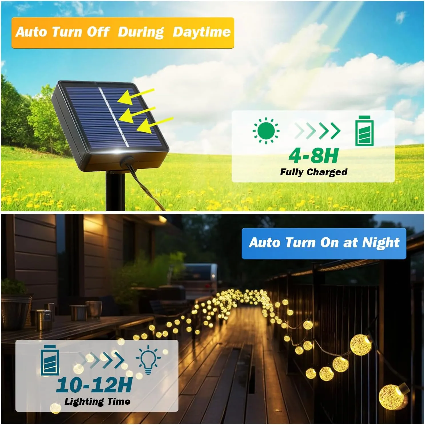 Solar Lights Outdoor Waterproof, 2 Pack Total 200LED 110FT Solar String Lights for Outside with 8 Modes, Outdoor String Lights Crystal Globe Patio Lights for Garden Yard Party Decor(Warm White)