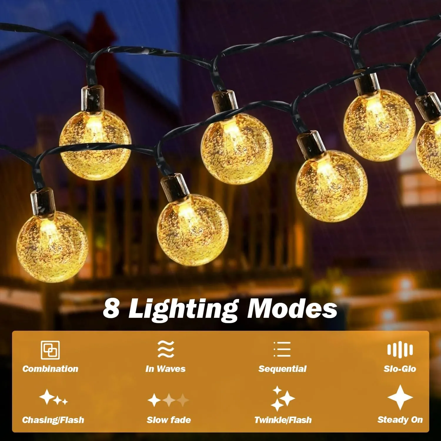 Solar Lights Outdoor Waterproof, 2 Pack Total 200LED 110FT Solar String Lights for Outside with 8 Modes, Outdoor String Lights Crystal Globe Patio Lights for Garden Yard Party Decor(Warm White)