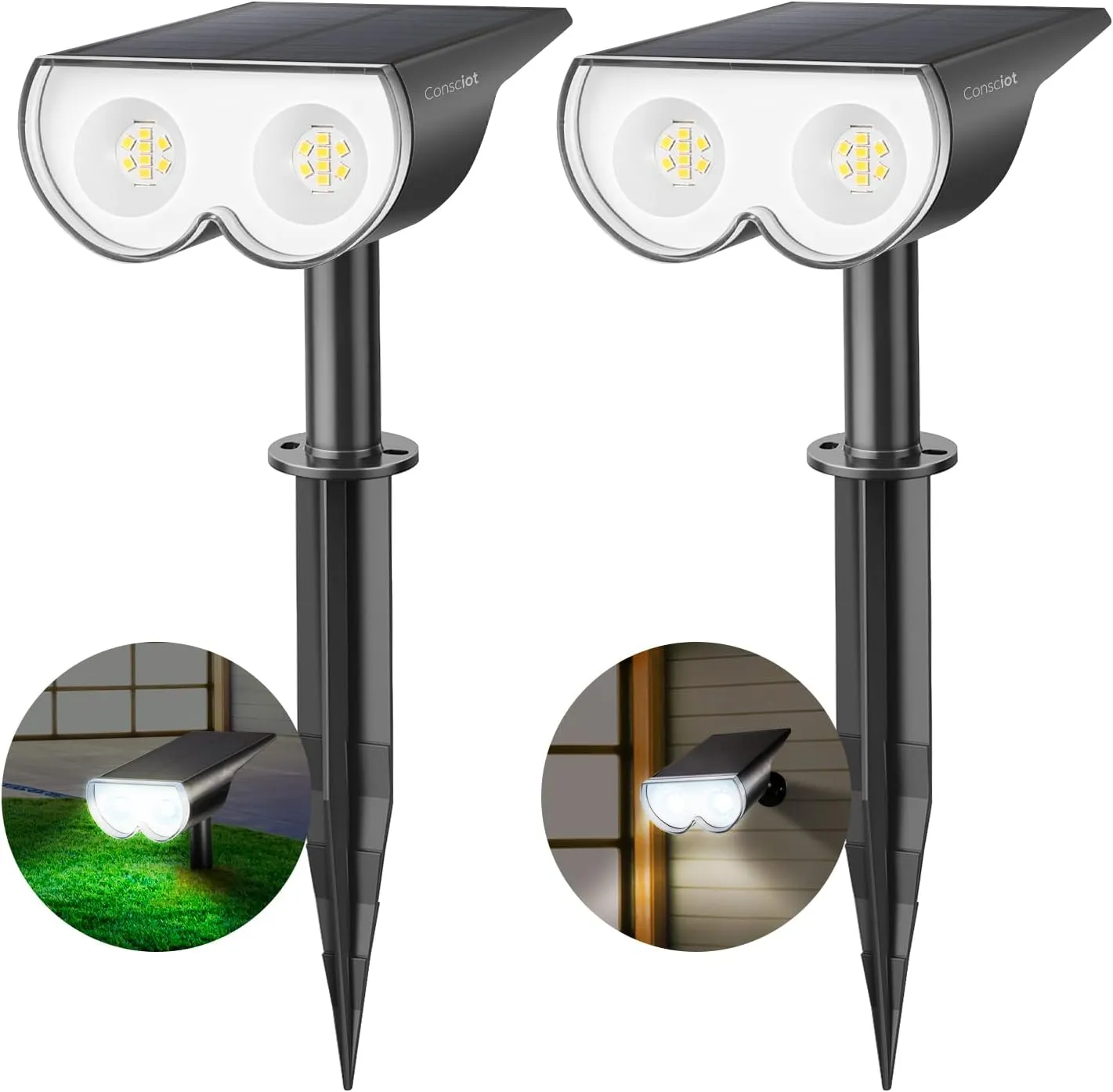 Solar Lights Outdoor Waterproof, Consciot 16 LEDs IP67 Spot Lights Outdoor, Auto On/Off Solar Garden Light, 2-in-1 Adjustable Wall Lights for Landscape Yard Pathway, Cool White 2 Pack