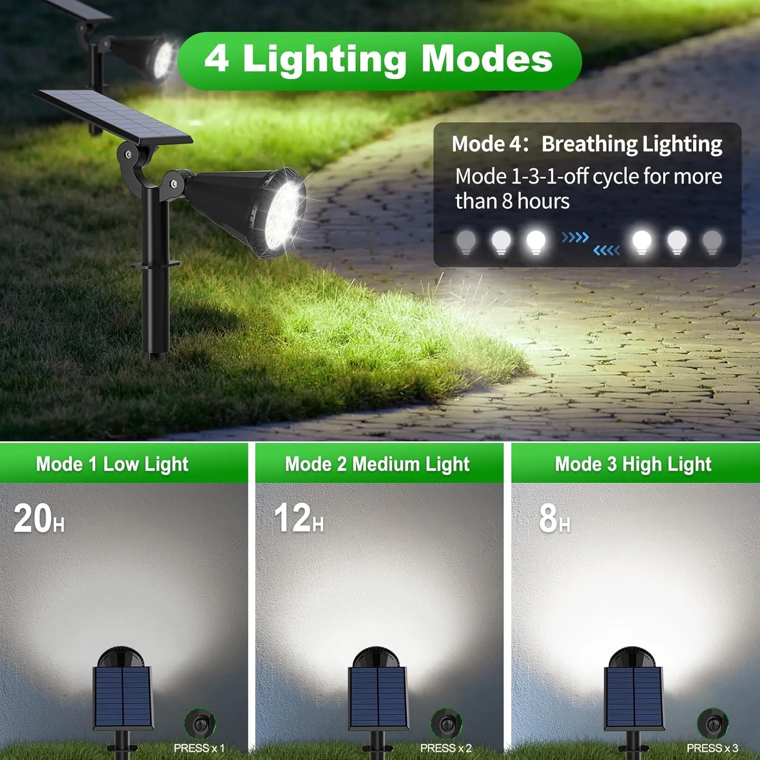Solar Lights Outdoor Waterproof IP65 180° Adjustable Solar Powered Landscape Spot Lights for Yard 4 Lighting Modes Spotlights for Pathway Garden Outside Wall Pool Porch (8 Pack, Cool White)