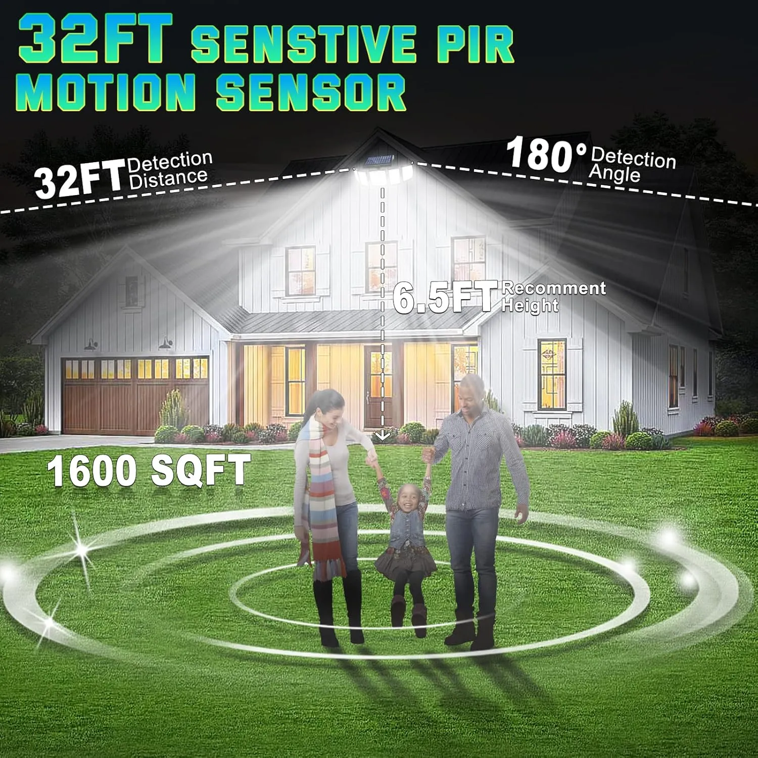 Solar Lights Outdoor Waterproof Motion Sensor - 416 LEDs 3000 Lumens Super Bright 3 Brightness 3 Modes 2400mAh 360° Illumination 32ft Solar Flood Security Light for Outside - 1Pack