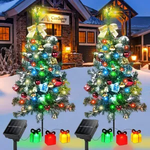 Solar Mini Christmas Tree Light Outdoor Decoration, 30 Inch Solar Tree Lights with 30 LED 8 Flashing Modes Decorated Prelit Gift Boxes & Ornaments for Pathway Patio Yard Garden Cemetery, 2PCS