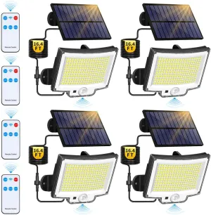 Solar Outdoor Lights Motion Sensor, 3800LM 292 LED Flood Lights with 16.4FT Cable 3 Modes, Remote Dusk to Dawn Solar Powered Security Lighting, IP66 Waterproof for Outside Patio Yard Garage, 4 Pack