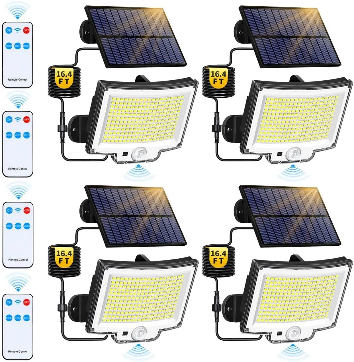 Solar Outdoor Lights Motion Sensor, 3800LM 292 LED Flood Lights with 16.4FT Cable 3 Modes, Remote Dusk to Dawn Solar Powered Security Lighting, IP66 Waterproof for Outside Patio Yard Garage, 4 Pack