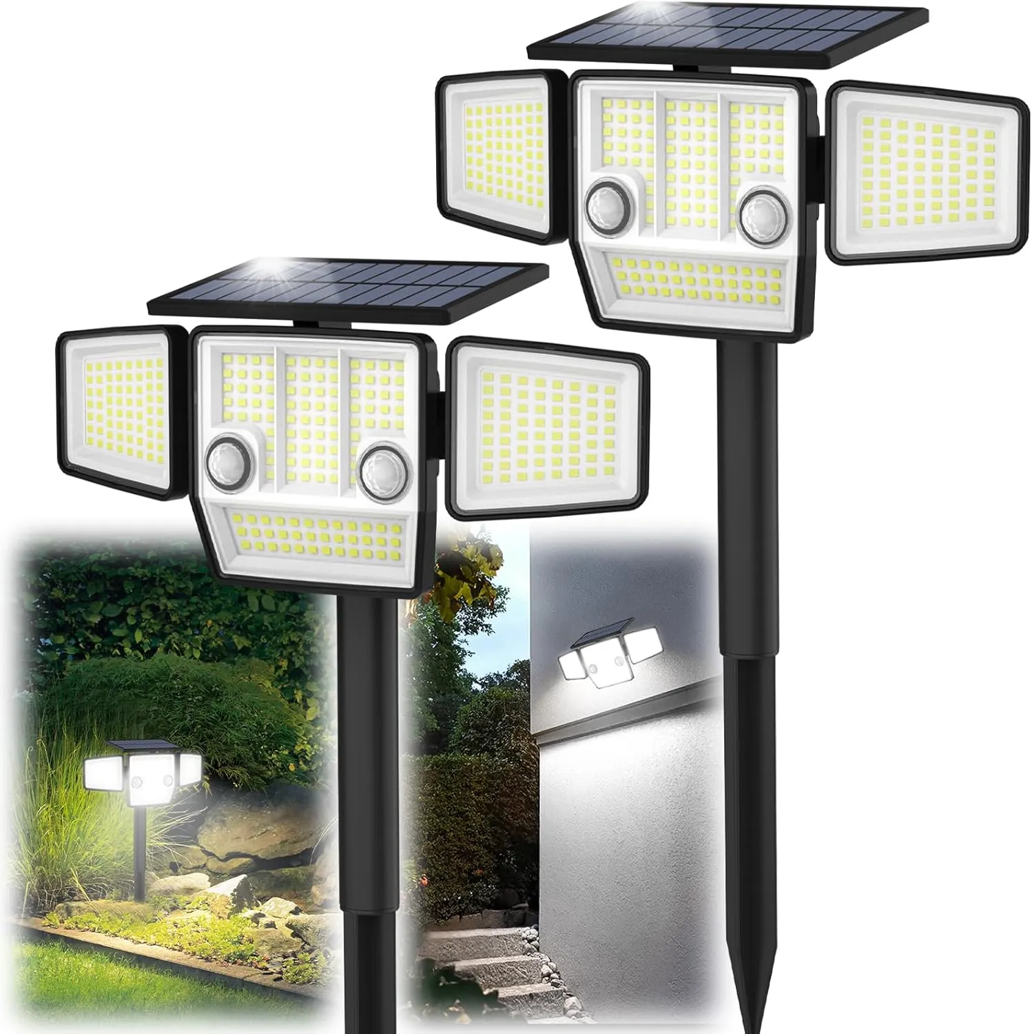 Solar Outdoor Lights with Stakes, 2500LM 180° PIR Motion Sensor, 360° Wide Angle Illumination, In-Ground or Wall Mount, IP65 Waterproof, 3 Modes, 236 LEDs Security Flood Light, 2 Pack
