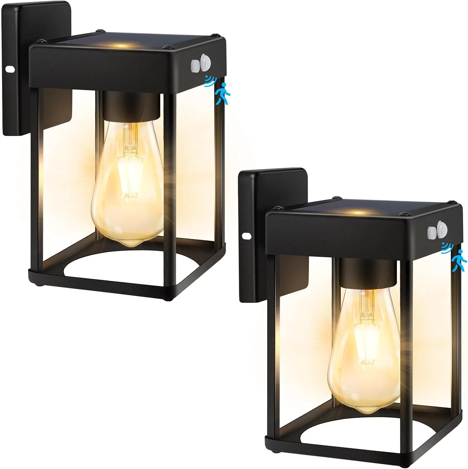 Solar Outdoor Wall Light Fixtures, Solar Exterior Waterproof Lanterns, Porch Sconces Wall Mounted Lighting with Metal Frame & Glass Panel, Modern Wall Lamps for Shed Patio Entryway Garage, 2 Pack