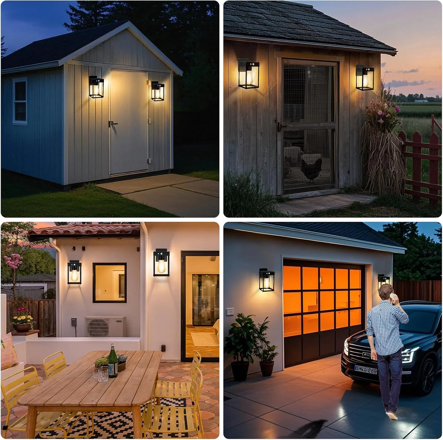 Solar Outdoor Wall Light Fixtures, Solar Exterior Waterproof Lanterns, Porch Sconces Wall Mounted Lighting with Metal Frame & Glass Panel, Modern Wall Lamps for Shed Patio Entryway Garage, 2 Pack