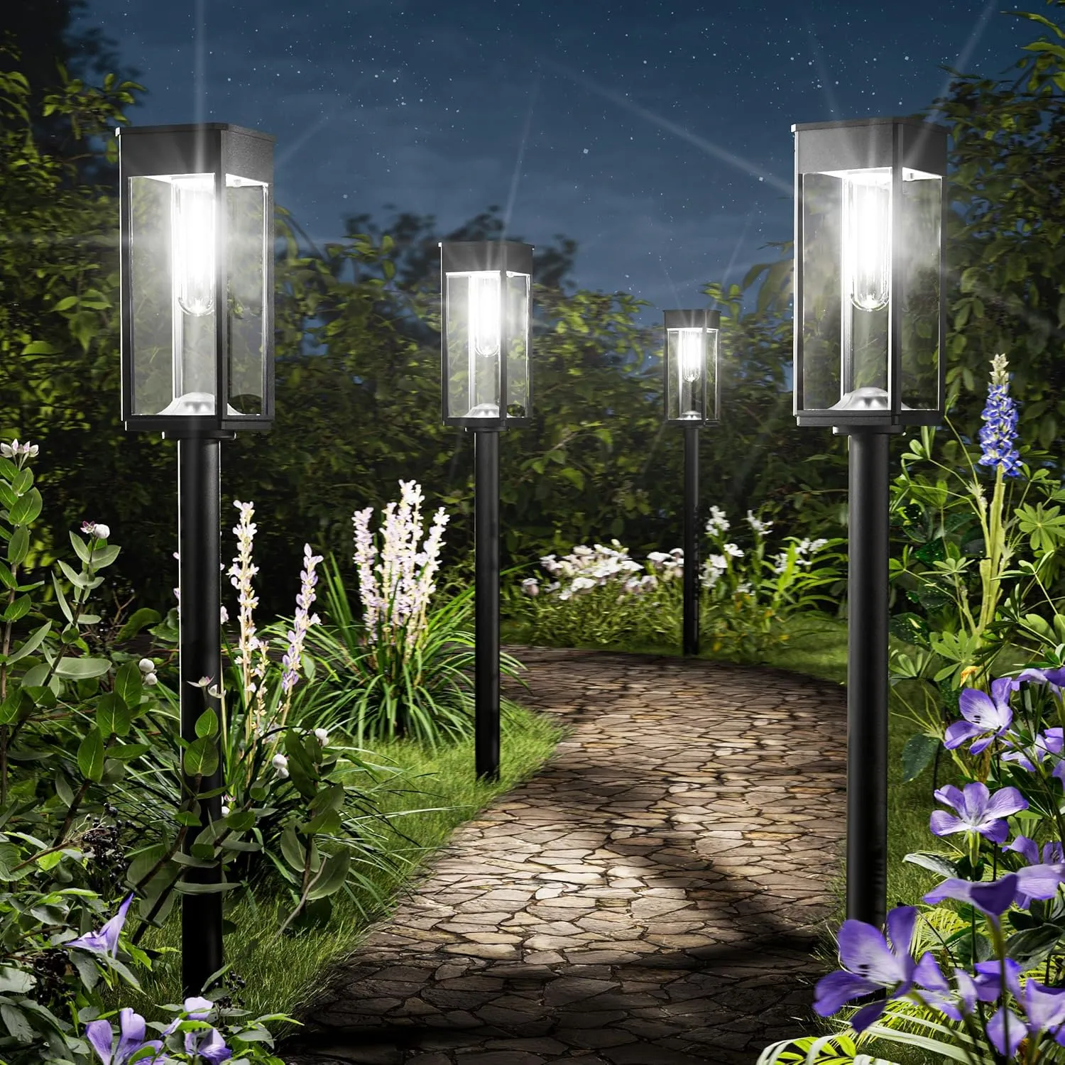 Solar Pathway Lights for Outside,4 Pack Garden Light Outdoor Waterproof IP65, Bright Pathway Lights Powered Classic Square Design for Walkway/Driveway (Cool White)