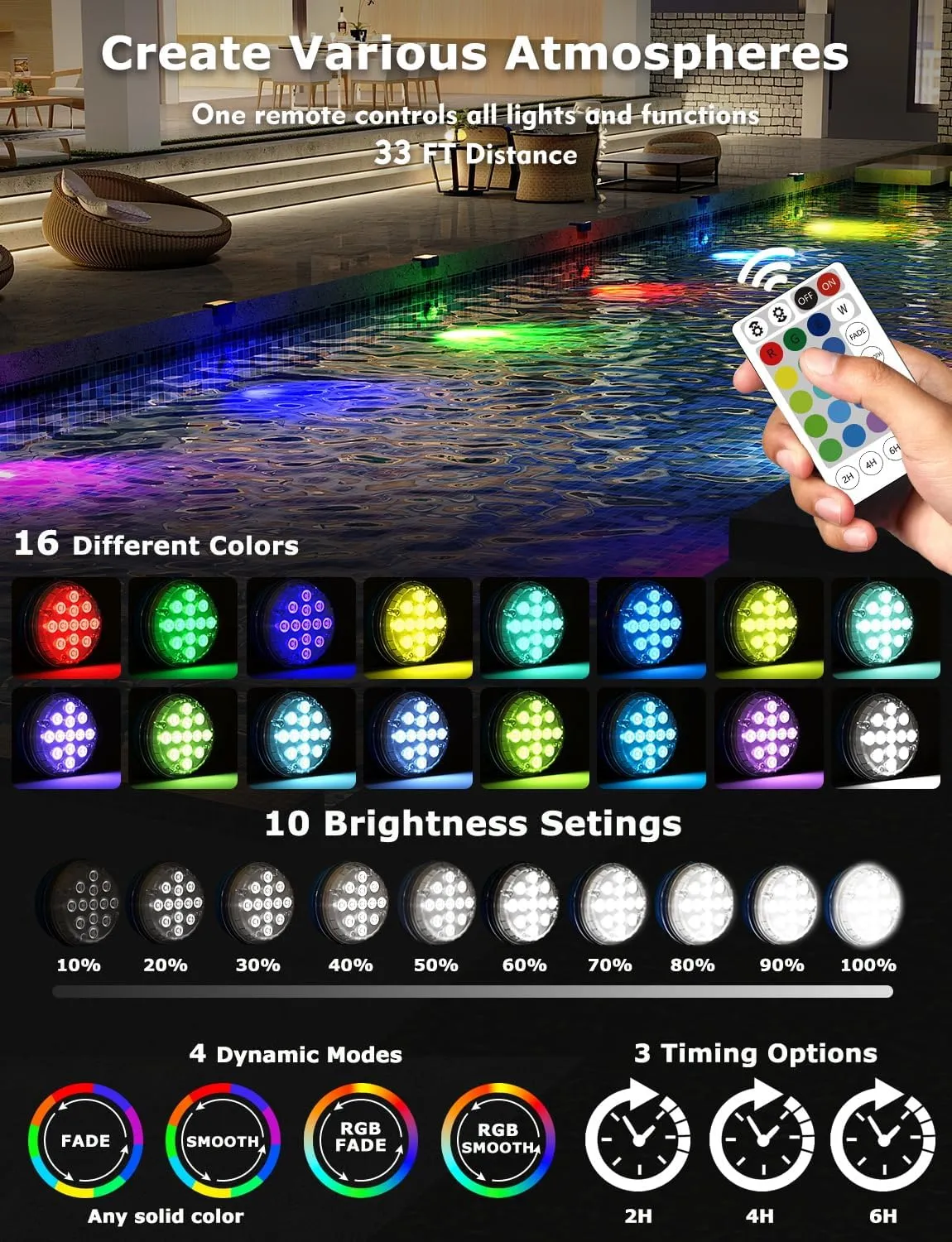 Solar Pool Lights, Solar Powered Submersible LED Lights with Remote IP68 Waterproof Swimming Pool Lighting, 16 Colors Underwater Pool Light for Above Ground Inground Pool, Pond (White,4 Pack)