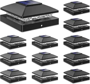 Solar Post Cap Lights Outdoor 12pack, Black Waterproof Solar Powered Deck Fence Post Lights Fit 4x4 Wood/Vinyl Posts, Bright Warm White Solar Post Lights Decorate Deck, Patio, Porch, Fence