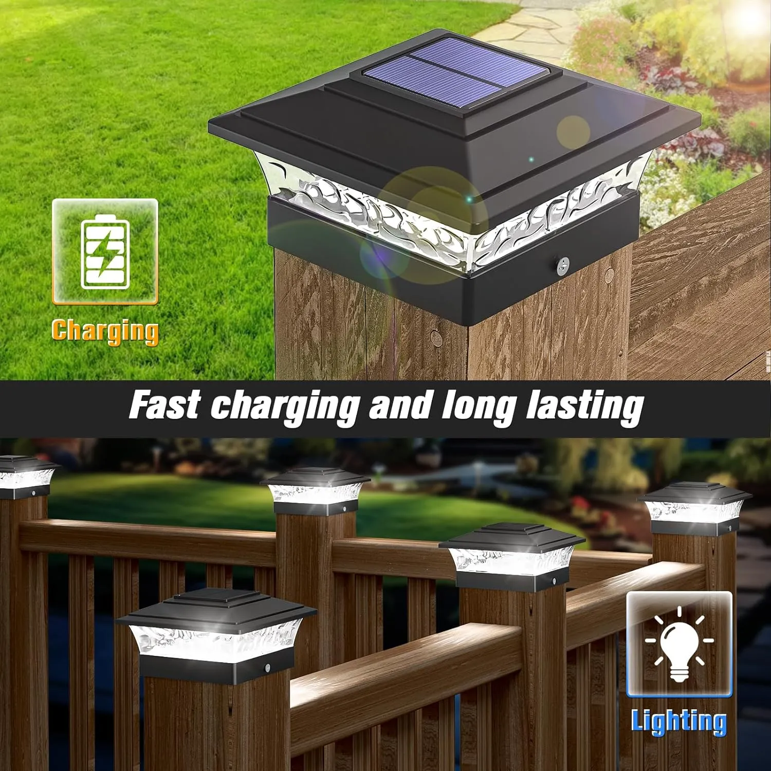 Solar Post Cap Lights Outdoor 12pack, Waterproof Solar Powered Deck Fence Post Lights Fit 4x4 Wood/Vinyl Posts, Black Deck Post Lights with Warm/Cool White for Garden, Patio, Porch, Fence