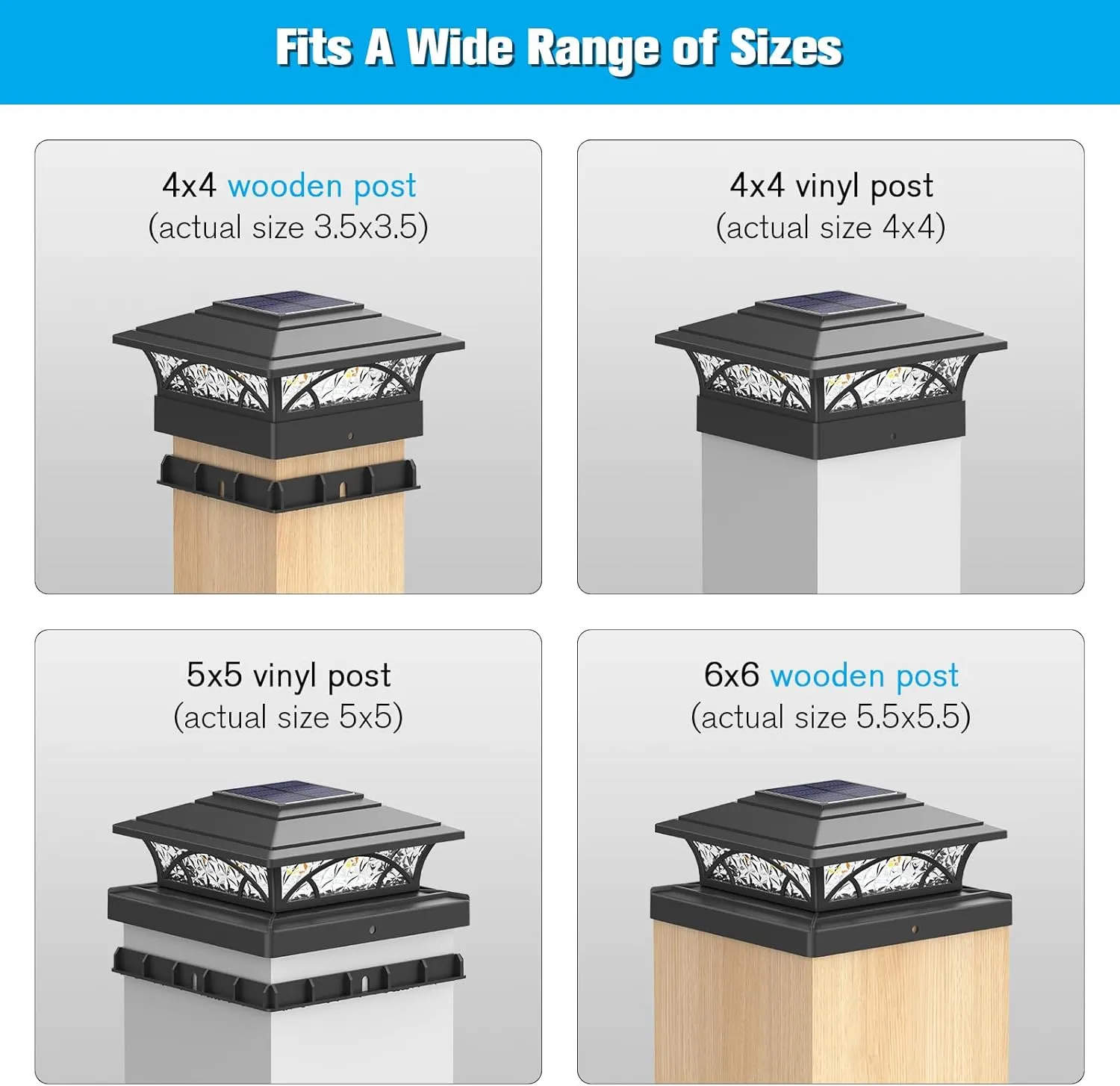 Solar Post Cap Lights Outdoor 6pack - Black Deck Fence Post Lights Solar Powered with 16LEDS 2 Lighting Modes, 4x4/5x5/6x6 Waterproof Fence Post Lights for Garden Patio Porch Backyard