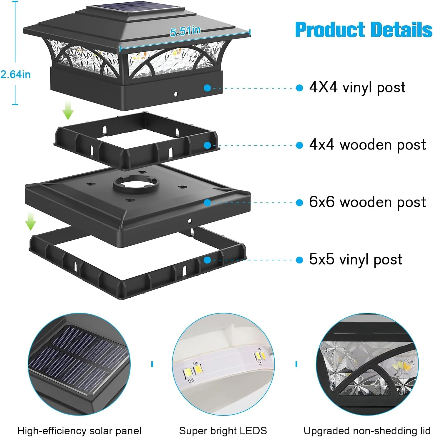 Solar Post Cap Lights Outdoor 6pack - Black Deck Fence Post Lights Solar Powered with 16LEDS 2 Lighting Modes, 4x4/5x5/6x6 Waterproof Fence Post Lights for Garden Patio Porch Backyard