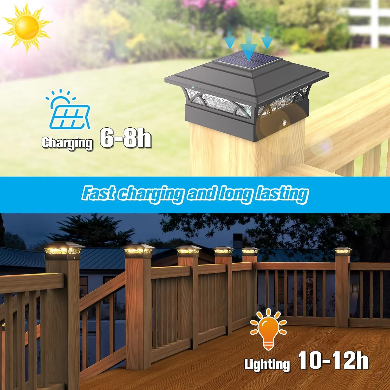 Solar Post Cap Lights Outdoor 6pack - Black Deck Fence Post Lights Solar Powered with 16LEDS 2 Lighting Modes, 4x4/5x5/6x6 Waterproof Fence Post Lights for Garden Patio Porch Backyard