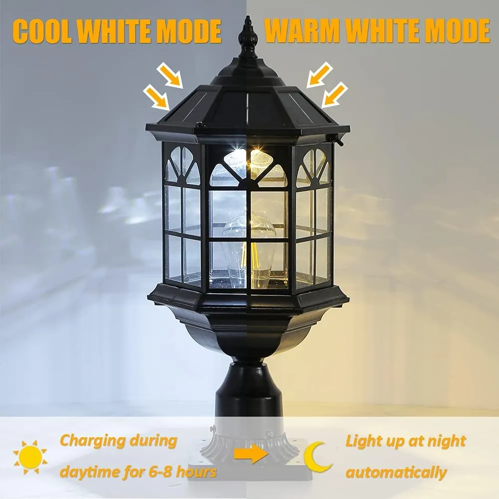 Solar Post Light Fixture Outdoor Solar Pier Light, Solar Lamp Post Light for Garden, Patio, Vintage Design Die Cast Aluminum Post Light in Oil-Rubbed Black with Clear Glass, Hard Wired Available