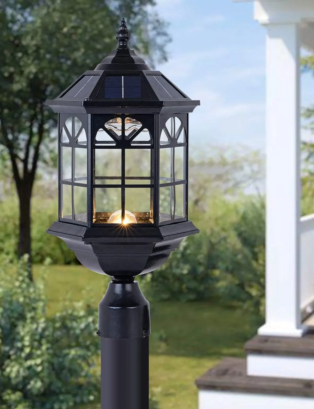 Solar Post Light Fixture Outdoor Solar Pier Light, Solar Lamp Post Light for Garden, Patio, Vintage Design Die Cast Aluminum Post Light in Oil-Rubbed Black with Clear Glass, Hard Wired Available