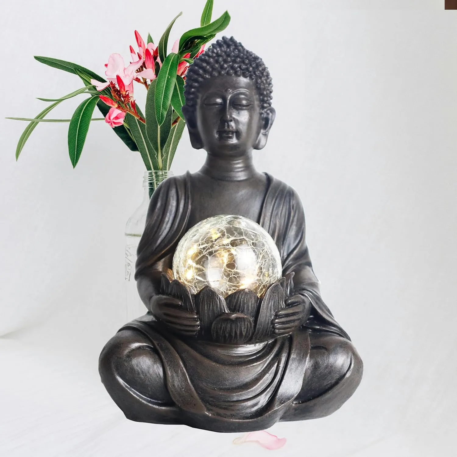 Solar Powered Buddha Statue Outdoor Zen Statues Garden Decor with LED Solar Light, Durable Buddha Sculpture for Home Patio, Yard, Garden or Indoor Meditation Spaces 6.3x5.5x8.9 Inch