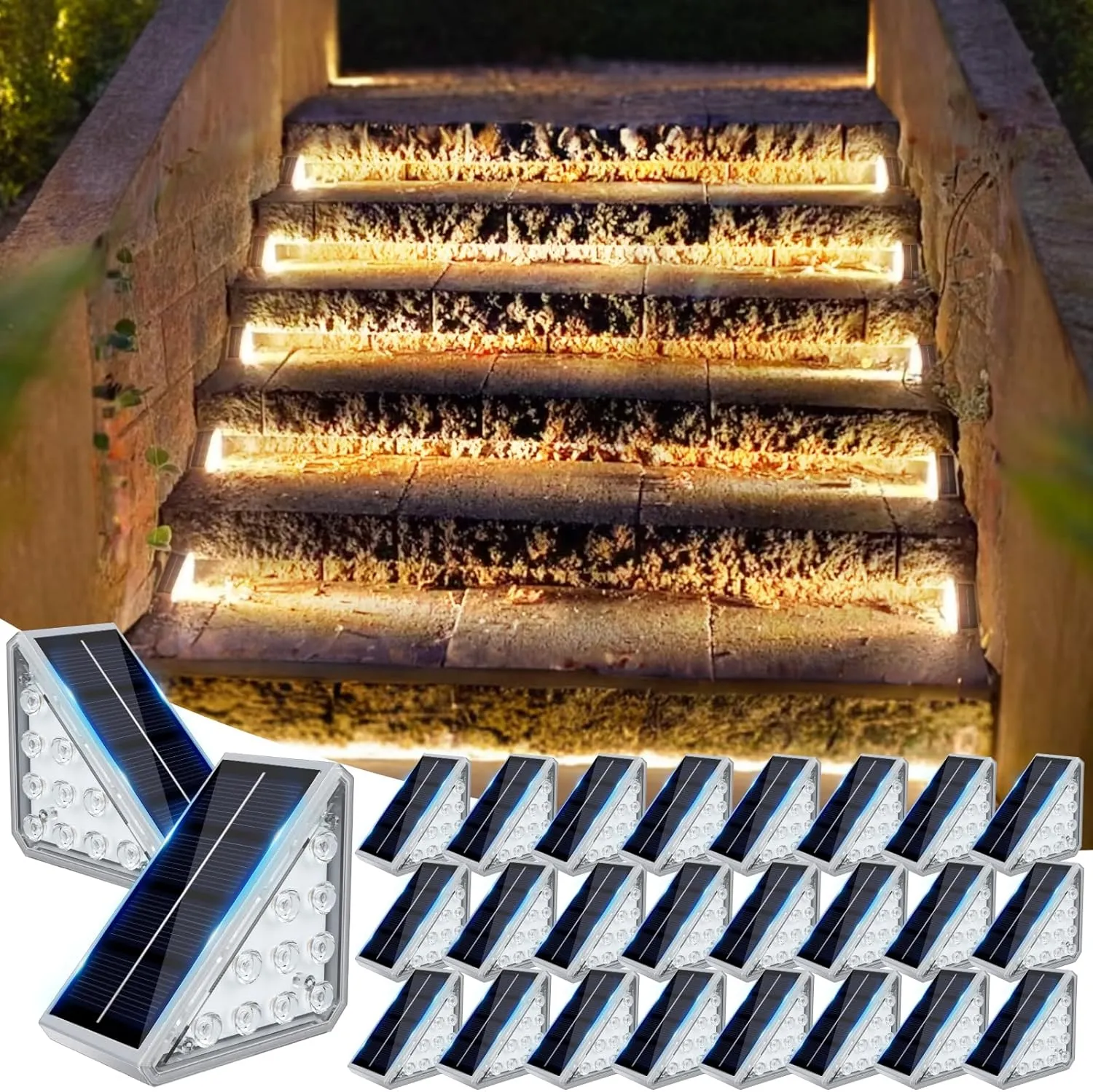 Solar Stair Lights Outdoor Waterproof Auto On Off, 24 Pack Solar Step Lights for Outside IP67, LED Outdoor Stair Lights for Deck Step, Patio, Pathway, Proch, Warm Lights